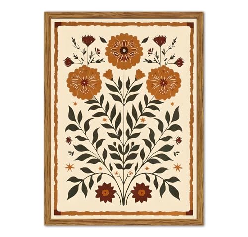 Framed Vintage Mexican Floral Wall Art, Boho Flower Pictures Wall Decor, Folk Marigolds Botanical Paintings Canvas Prints Rustic Home Decor for Living Room Bedroom 12x16 inch - color: Boho Floral, size: 16"L x 12"W