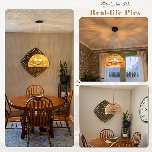 17.6 inch Hemp Rope Woven Pendant Light Wicker Pendant Light 3-light Rattan Light Fixture Boho Chandelier Farmhouse Chandelier Dome Pendants Light for Dining Room Bedroom Kitchen(Bulb Incl - color: 17.6" Natural