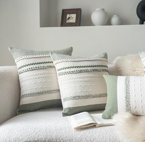 Cethom Boho Throw Pillow Covers 18x18 Inch Set of 2, Green Textured Decorative Couch Pillow Cases for Farmhouse Home Decor, Accent Cushion Cover for Sofa, Bed, Living Room, Bedroom - color: Green, size: 18" x 18" (Pack of 2)