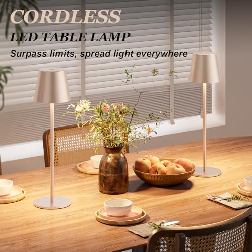 Kakanuo Champagne Gold Cordless Table Lamp Rechargeable - 2 Pack Battery Operated Lamp for Counter, 3 Color Stepless Dimming Wireless Lamp for Dining Kitchen, Outdoor Patio, Touch Control - color: Champagne Gold, size: 2 Pack 14in - Down Light