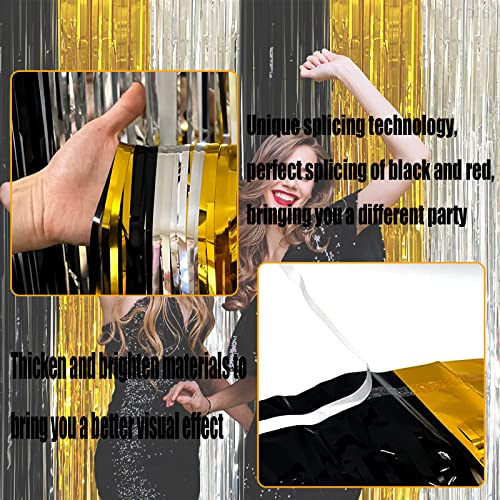 4 Pack Black Gold Silver Foil Fringe Curtain Backdrop, 3.28Ft x 8.2Ft Metallic Tinsel Foil Fringe Streamers for Photo Booth, Wedding, Notorious One Birthday Roaring 20s Graduation Party Decoration - color: Black,Gold,Silver