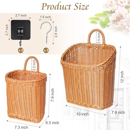 MIPON 2 Pack Handmade Woven Hanging Waterproof Plastic Rattan Wicker Basket | Wall Mounted Organizer, Small & Large Storage, Bathroom, Kitchen, Entryway, Farmhouse Decor