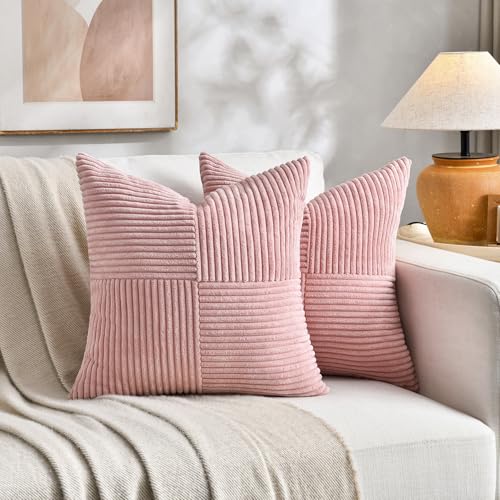 Fancy Homi 2 Packs Blush Pink Samll Decorative Throw Pillow Covers 12x12 Inch with for Couch Bed Sofa, Rustic Farmhouse Boho Home Decor, Soft Corss Patchwork Corduroy Square Cushion Case 30x30 cm - color: Blush Pink, size: 12" x 12" (Pack of 2)
