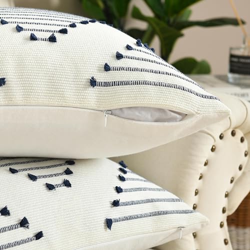 Boho Throw Pillow Covers 18x18 Set of 2, Outdoor Pillow Covers for Couch Farmhouse Decorative Accent Pillowcases Living Room Home Decor, Navy Blue and Cream White - color: Navy Blue, size: 18" x 18" (Pack of 2)