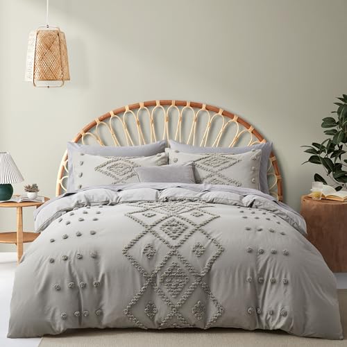 Oli Anderson Tufted Duvet Cover King Size, Soft and Lightweight Duvet Covers Set for All Seasons, 3 Pieces Boho Embroidery Shabby Chic Bedding Set (Light Grey, King, 104''x90'') - color: Light Grey, size: King(104"×90")