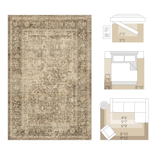 FMFUNCTEX Entryway Rug 2x3 Washable Brown Vintage Distressed Door Mat Non Slip Low Pile Indoor Carpet Soft Retro Floral Small Throw Area Rugs for Entry Way Entrance Bedroom Kitchen Bathroom Laundry - color: Brown, size: 2' x 3' (Rectangular)