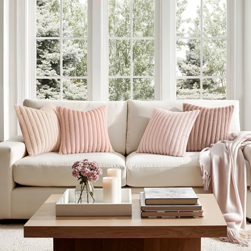 MIULEE Faux Fur Plush Decorative Throw Pillow Covers 20x20 Set of 4, Valentine's Day Cute Modern Soft Romantic Fuzzy Striped Cushion Covers Girl for Sofa Couch Bed Living Room Cozy Home Decor,Pink - color: Pink, size: 20" x 20" (Pack of 4)