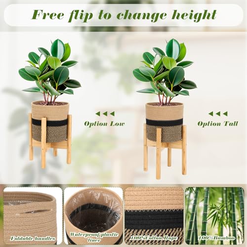 Plant Basket with Stand Indoor Planter Pot Holder Sturdy Jute Rope Modern Woven Basket, Cotton Rope Woven Pot with Bamboo Stand(7.87 Inch,Black and Beige Stripes) - color: Black and Beige Stripes, size: 7.87 Inch