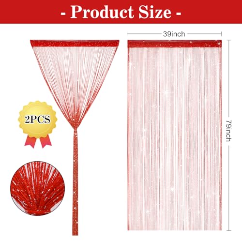 2 Pack 39 x 79 Inch String Curtains for Doorway, Home Decor Sequin Glitter String Curtain Boho Doors Tassel for Windows, Closet, Living Room, Bedroom, Hallway, Party (Red) - color: Red