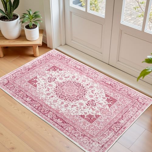 Macgace 2x3 Bright Pink Area Rug for Entryway, Small Washable Rugs with Non-Slip Backing for Girls Bedroom, Cute Vintage Throw Carpet Kitchen Laundry Front Door Decor - color: Pink & White, size: 2' x 3' (Rectangular)