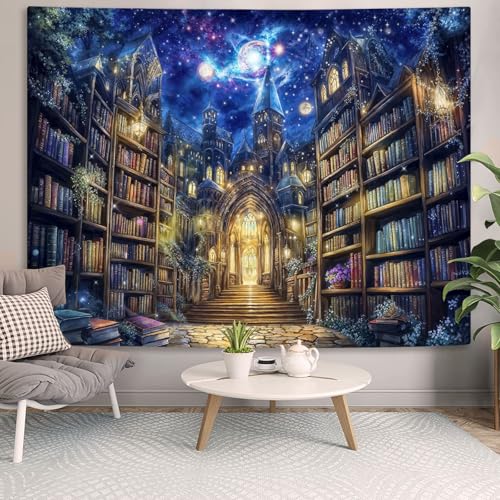 Accnicc Fantasy Bookshelf Tapestry Space Library Tapestries Wall Hanging Gothic Galaxy Castle Magic Book Large Tapestry for Bedroom Living Room Dorm Classroom 80 x 60 inch - color: Blue Yellow, size: 80"L x 60"W