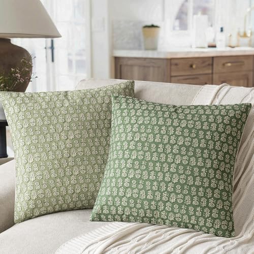 Foindtower Set of 2 Decorative Neutral Floral Print Throw Pillow Covers Vintage Accent Farmhouse Cushion Covers Boho Home Decor For Sofa Chair Couch Bedroom Living Room Outdoor,18×18 Inch,Forest Green - color: Forest Green, size: 18" x 18" (Pack of 2)