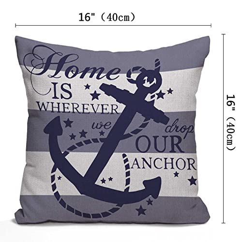 Nautical Farmhouse Saying 16 x 16 Decorative Throw Pillow Cover, Home is Wherever We Drop Our Anchor Quote Sign Summer Cruise Lover Square Decorative Throw Pillow Case Cushion Cover 16 x 16 inch - color: Multi 35