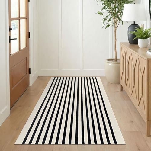 KILOCOCO Beige Striped Rug 3x5 Indoor Outdoor Rugs Front Door Rugs Hand Woven Cotton Washable Striped Layered Doormats for Front Porch/Kitchen/Farmhouse/Entryway/Patio - color: Light Beige and Black Stripe, size: 3' x 5' (Rectangular)