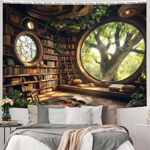 RichIdeas Tree Bookshelf Wall Tapestry Window Tapestries Wall Hanging Bookshelf Tapestries Decor for Windowless Office Room Bedroom Living Room Home Decor - color: Yellow-1, size: Customsize