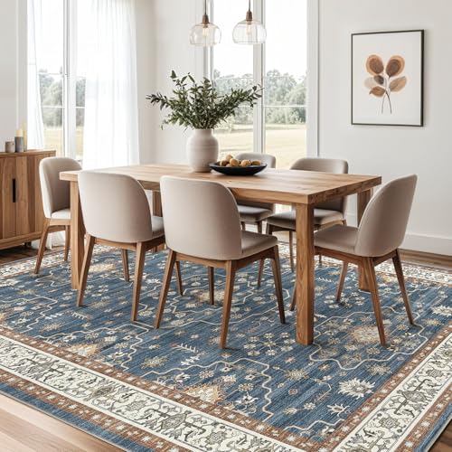 5x7 Area Rug for Living Room- Machine Washable Soft Oriental Vintage Large Indoor Floor Carpet for Bedroom Under Dining Table Home Office Decor - Dark Blue - color: Dark Blue, size: 5' x 7' (Rectangular)