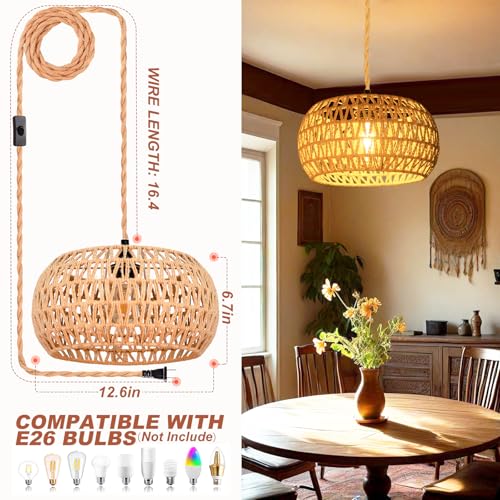 Hanging Lights with Plug in Cord Rattan Hanging Lamp Boho Ceiling Light Fixtures Farmhouse Pendant Lamp Shape for Living Room Bedroom Kitchen - size: 12.6 Inch-Drum Shade