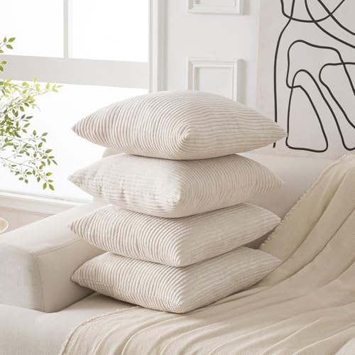 Volcanics Set of 4 Beige Cream Corduroy Decorative Couch Throw Pillow Covers 18x18 Inch, Modern Double-Sided Striped Cushion Cases, Soft Boho Square Accent Pillow Covers, Mix and Match for Home Decor - color: Beige, size: 18" x 18" (Pack of 4)