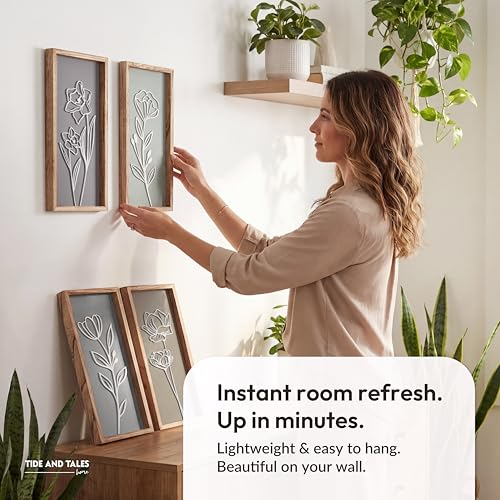 3D Wooden Floral Bathroom Wall Decor (Set of 4) Lightweight, Ready-to-Hang Framed Wall Art For Living Room, Bedroom, or Office - Premium Boho Botanical Farmhouse Decorations - Gift-Boxed - color: Naturals, size: 7" x 16"
