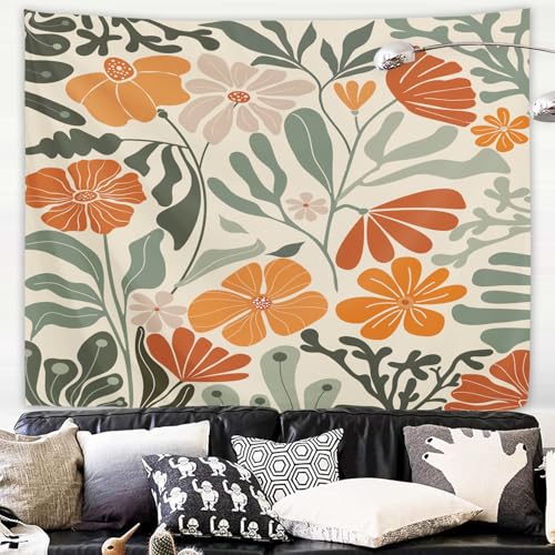 Yookeb Abstract Retro Matisse Flower Tapestry 59W by 51H Inch Wall Hanging Sage Green Orange Groovy 70s Funky Trendy Aesthetic Bedroom Living Room Dorm Polyester Fabric Home Decor - color: Sage Green Orange, size: 59"L x 51"W