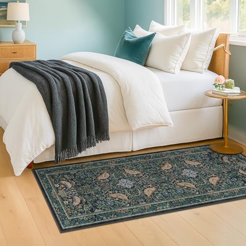 Botanical Bird 2x6 Entryway Rugs Indoor, Machine Washable Runner Rugs for Hallway, Blue and Teal Non Slip Mat for Bathroom, Bedroom Beside Bed, Kitchen, Stain Resistant Forest Green Décor - color: Blue, size: 2' x 6' (Runner)
