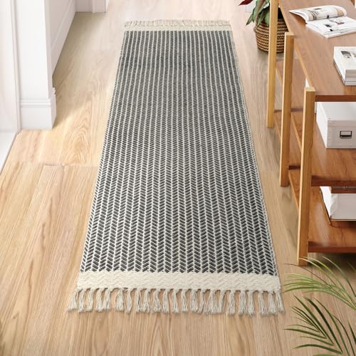 Lahome Belle Boho Hallway Runner Rug, 2x6 Laundry Room Lightweight Entry Bathroom Woven Cotton Throw Mat with Tassels, Farmhouse Non Shedding Washable Grey Rug Low Pile Runner for Kitchen - color: Grey, size: 2' x 6' (Runner)