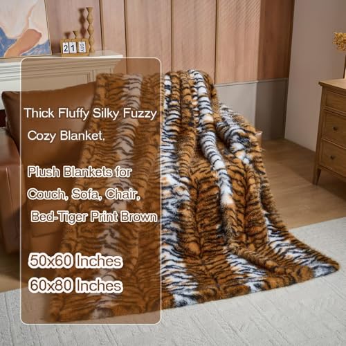 Luxury Fluffy Faux Fur Throw Blanket,Thick Fluffy Silky Fuzzy Cozy Blanket,Plush Blankets for Couch, Sofa, Chair, Bed-Tiger Print Brown-50 * 60inch - color: Tiger Print Brown, size: Throw (50" x 60")