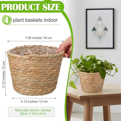 4 Pcs Straw Plant Baskets Indoor Rattan Woven Flower Baskets with Plastic Liner, Cattail Plant Planter for Indoor Outdoor Rustic Boho Home Farmhouse Floor Potted Pots Decor - color: Natural, size: M(7" Top D X 5.1" Bottom D X 5.1"h), style: Cattail