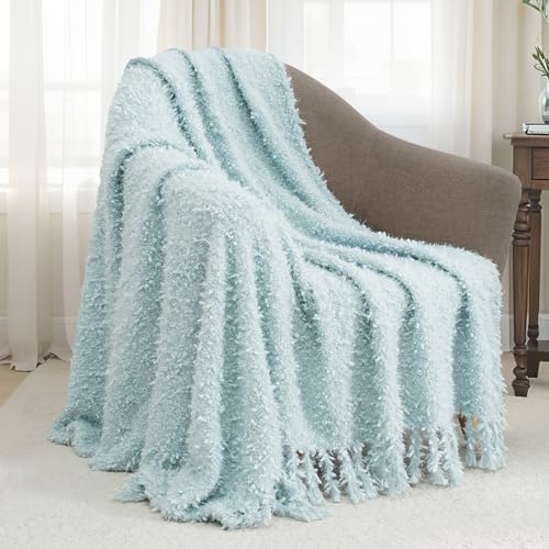 Winter Knit Throw Blanket Fluffy Fuzzy Soft Lightweight Cozy Farmhouse Tassels Chunky Knitted Throws for Couch Sofa Bed (Dream Blue, 50"x60") - color: Dream Blue, size: 50"x60"