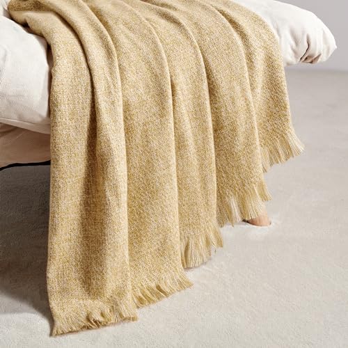 BOURINA Faux Cashmere Fringe Throw Blanket Decorative Lightweight Throw Soft Cozy for Bed or Sofa Outdoor Blanket, 50" x 70" Yellow - color: Yellow, size: 50"x70"
