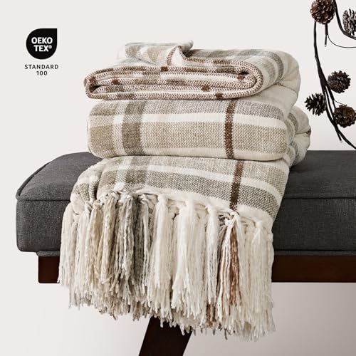 EverGrace Plaid Chenille Bed Blanket Queen Size for Bed, Super Soft Cozy Decorative Farmhouse Plaid Throw with Tassels, Lightweight Chenille Knit Throw for Couch Sofa Gift Home Decor, Beige 90"x90" - color: Plaid Beige & White, size: 90"x90"