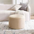 Boho Round Ottoman, Soft Pouf Ottoman, Farmhouse Footstool with Soft Padded Seating & Solid Wood Frame, Upholstered Vanity Stool Accent Seat for Living Room, Bedroom, Beige Woven Linen - color: Beige Weaving Linen Rope, size: Set of 1