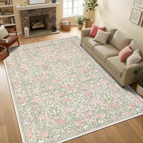 GarveeHome Pink and Green Vintage Floral Washable Rugs 8x10 for Living Room Boho Retro Botanical Rug Low Pile Stain Resistance Non Slip Carpet for Bedroom Nursery Dining Room - color: A Beige / Pink, size: 8' x 10' (Rectangular)