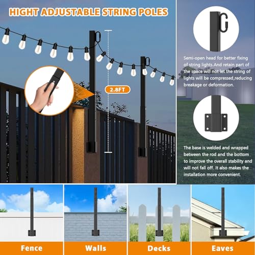 SINLEY 10 Pack Suspension Outdoor String Light Poles for Outside String Lights Hanging,with Clip and Holder,Light Post Mounting Stand for Patio Fence Wall Garden Backyard Deck - style: 10 Pack 2.8Ft