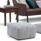 SIMPLIHOME Nate Square Pouf - 20 inch Wide Upholstered Handwoven Cotton Ottoman in Patterned Denim Melange, Boho Footstool or Extra Seating for Living Room with Artisanal Texture, Assembled - color: Patterned Denim Melange, style: Cotton Pouf