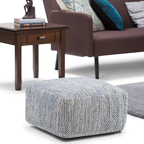 SIMPLIHOME Nate Square Pouf - 20 inch Wide Upholstered Handwoven Cotton Ottoman in Patterned Denim Melange, Boho Footstool or Extra Seating for Living Room with Artisanal Texture, Assembled - color: Patterned Denim Melange, style: Cotton Pouf