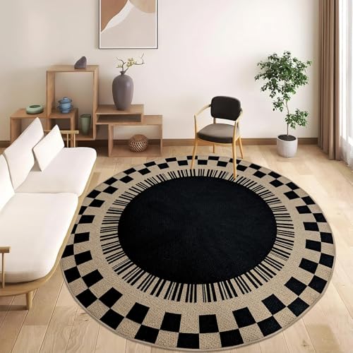 Easy Jute Checkered Rug, 6Ft Round Modern Indoor Outdoor Farmhouse Carpet, Washable Non-Slip Thin Neutral Floor Mat for Living Room Patio Kids Pets Room Playroom Home Office Kitchen, Black - color: Black Checker, size: 6'