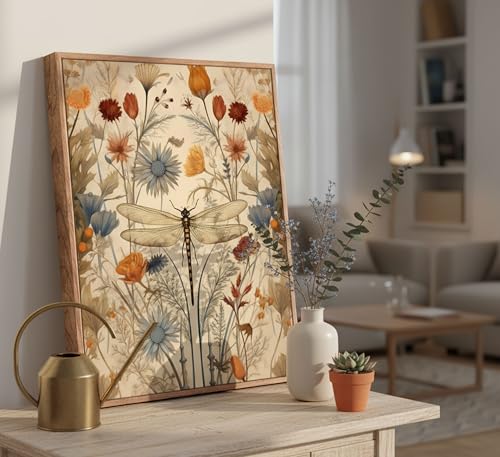 Framed Vintage Dragonfly Canvas Wall Art Picture Boho Natural Poster Prints Farmhouse Cottagecore Wall Decor for Living Room Bedroom 16x24in - color: Dragonfly, size: 24"L x 16"W
