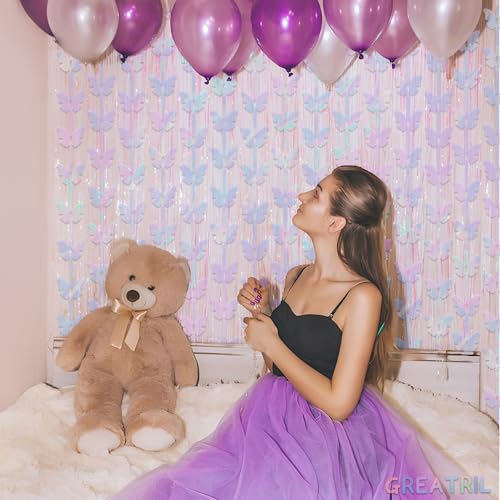 Iridescent Butterfly Fringe Party Backdrop - GREATRIL Fairy Streamers for Butterfly Princess Themed Birthdays Party Decoration - 3.2ft x 6.5ft - 2 Packs - color: Iridescent Butterfly