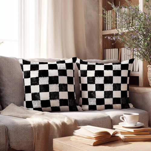 Black and White Checkered Throw Pillow Covers 18x18 Inch, Set of 2 | Buffalo Plaid Modern Square Cushion Cases for Couch & Living Room | Farmhouse Minimalist Home Decorative Pillowcases - color: Black and White
