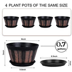 Quarut 8 inch Brown Plastic Whiskey Barrel Plant Pots Set of 4 with Drainage Holes and Saucer for Indoor and Outdoor Garden Home Plants - size: 8 inches