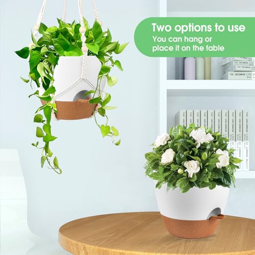 Hanging Planters for Indoor Outdoor Plants, 2 Pack Self Watering Hanging Pot with Drainage Holes, Removable Tray & 2 Kinds of Plant Hangers, 10'' Hanging Flower Pots for Home Garden Decor, White - color: Ivory+black+white, size: 10''