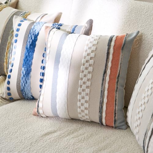 Aeckself Boho Throw Pillow Covers 18x18 Inch Set of 2, Farmhouse Decorative Striped Square Pillow Covers Chenille Tufted Pillow Cases Accent Neutral Pillowcase for Living Room Couch Bed, Orange Blue - color: Orange Blue