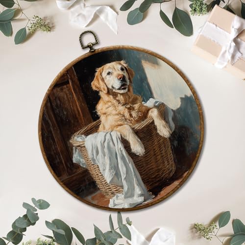 JUIOEIU Vintage Golden Retriever Laundry Room Round Wall Decor, Golden Retriever Gifts Framed Canvas Prints, Dog in Basket Wall Art Hanging Decorations for Washroom Laundry Room Decor, 10x10in - color: Laundry room10