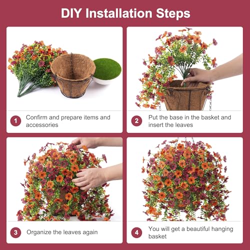 Ammyoo Artificial Fake Hanging Flowers Plants with Basket for Outdoor Decor, Fake Mums Plants No Fade Plastic Faux Silk Daisy Flowers Decoration for Outside Garden Porch Patio(Yellow Brown) - color: Gyellow Brown