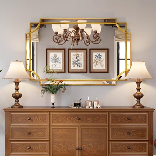 Kelly Miller Large Gold Mirror for Wall, 30"x46" Gold Bathroom Mirror Vanity Mirror Decorative Mirror Scalloped Beveled Mirror for Master Bath Half Bath Living Room Bedroom Farmhouse Fireplace Hallway - size: 46"L x 30"W