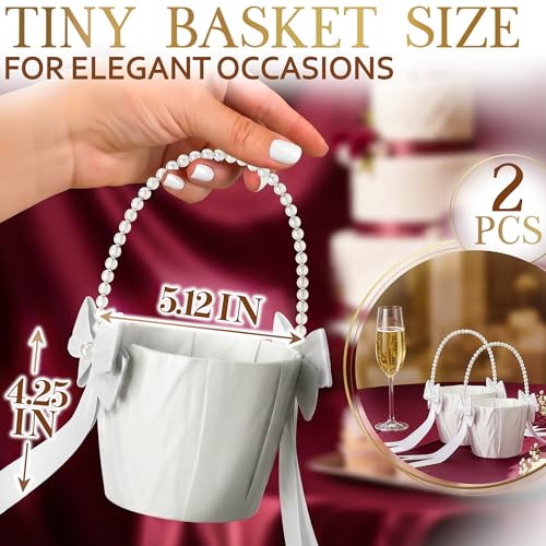 Flower Girl Basket Set of 2 - Dreamy Ivory Satin Basket with Pearl Handle, Bow & Ribbon - Summer Wedding Ceremony, Bridal Shower, Petal Toss, Floral Centerpieces, Flower Girl Proposal & Photo Props - color: Ivory