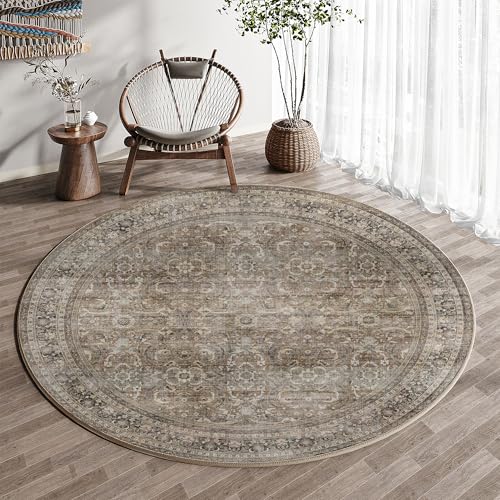 HUGEAR 4ft Round Rug Entryway Rugs Machine Washable Brown Hallway Area Rug 4x4 Small Circle Floral Low Pile Carpet Vacuumable Throw Rug Living Room Laundry Entrance Non Slip Soft Lightweight - color: Retro | Brown, size: 4' (Round)