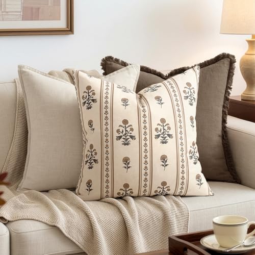Decorative Vintage Striped Floral Throw Pillow Covers 20x20 Inch Set of 2 Brown Farmhouse Boho Botanical Print Cushion Covers for Sofa Couch Chair Bedroom Living Room Summer Home Decor - color: Brown, size: 20" x 20" (Pack of 2)