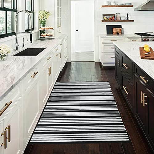 CAINANEL Black and White Striped Outdoor Rug 27.5'' x 43'' Front Door Mat Handwoven Cotton Indoor/Outdoor for Layered Door Mats,Welcome Door Mat, Front Porch,Farmhouse,Entry Way - color: Black&white Stripe, size: 2'4" x 3'7" (Rectangular)